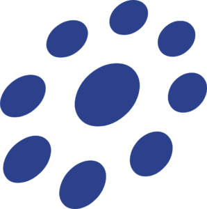 Abstract blue circular shapes arranged in a pattern on a white background.