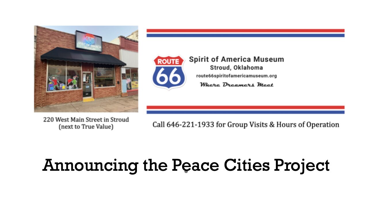 Banner announcing the Peace Cities Project with Spirit of America Museum info.