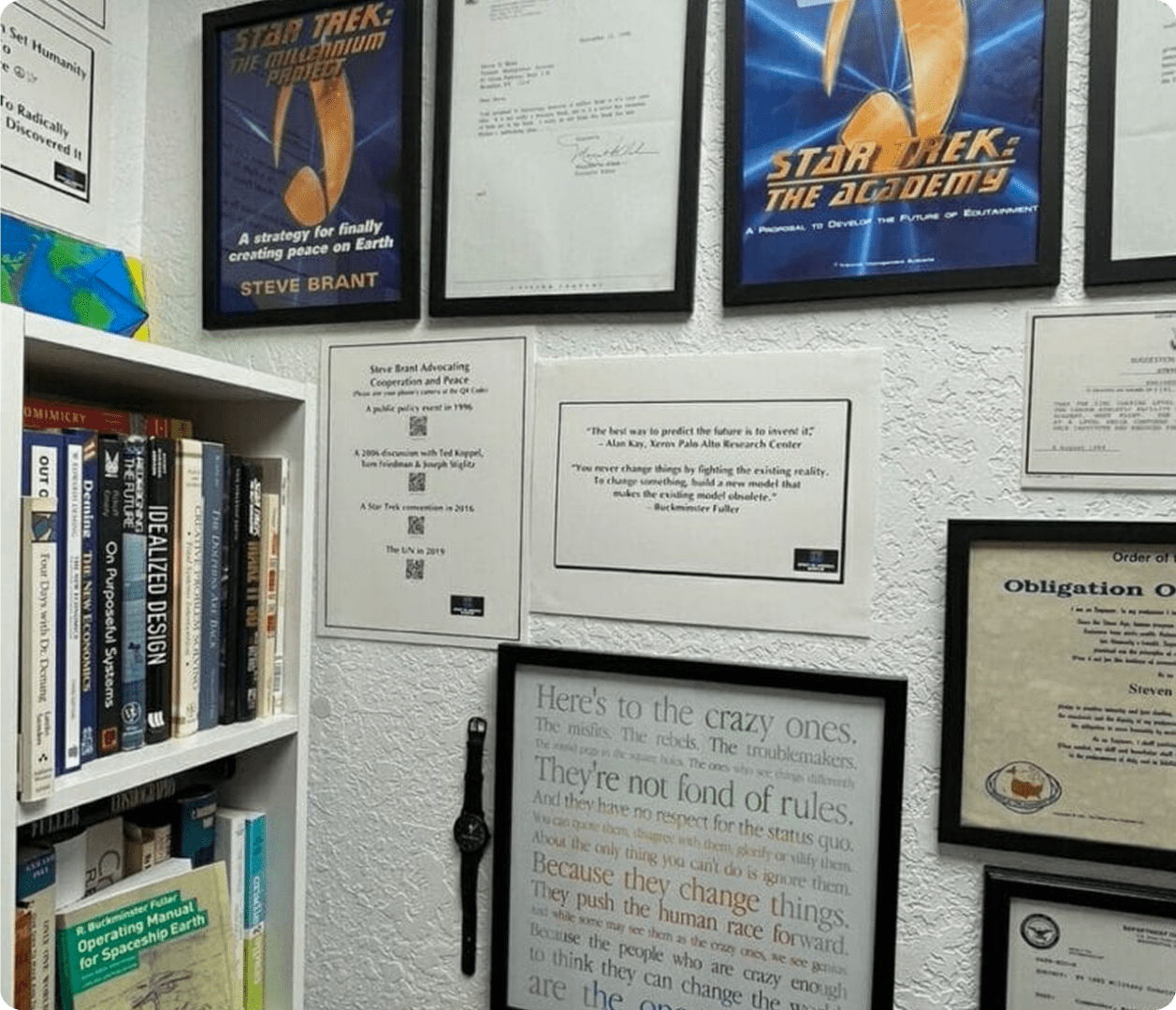 Wall art and bookshelf in an office