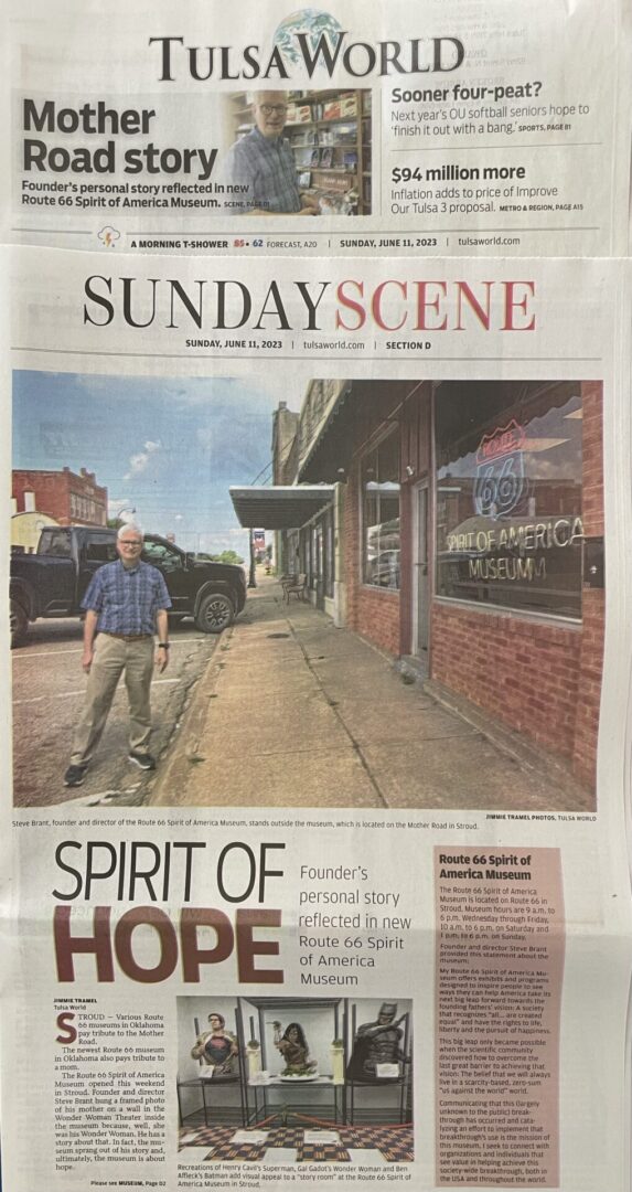 Newspaper cover: man outside Route 66 museum