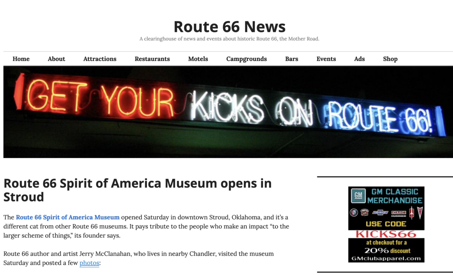 Website header with neon Get Your Kicks sign