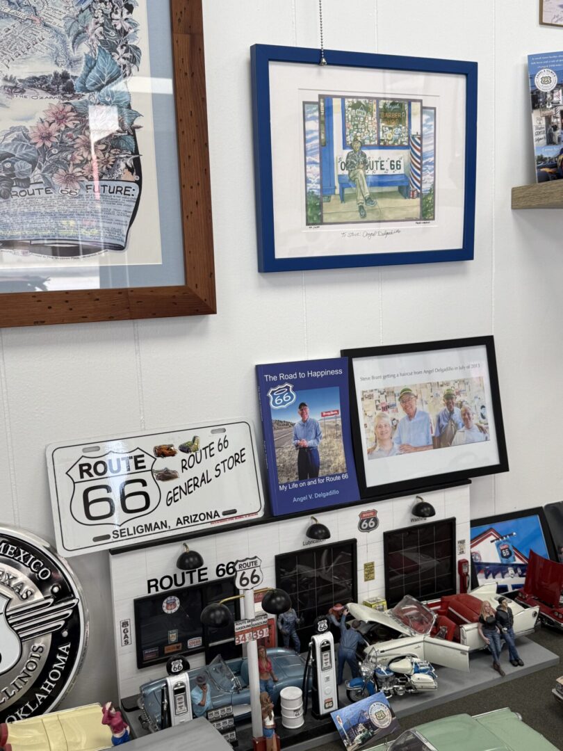 Route 66 memorabilia display with model gas station